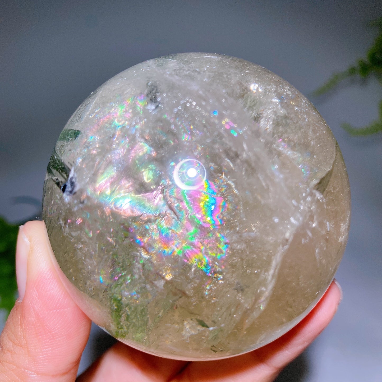 Unique 65mm Strong Rainbow Green Tourmaline In Quartz Sphere