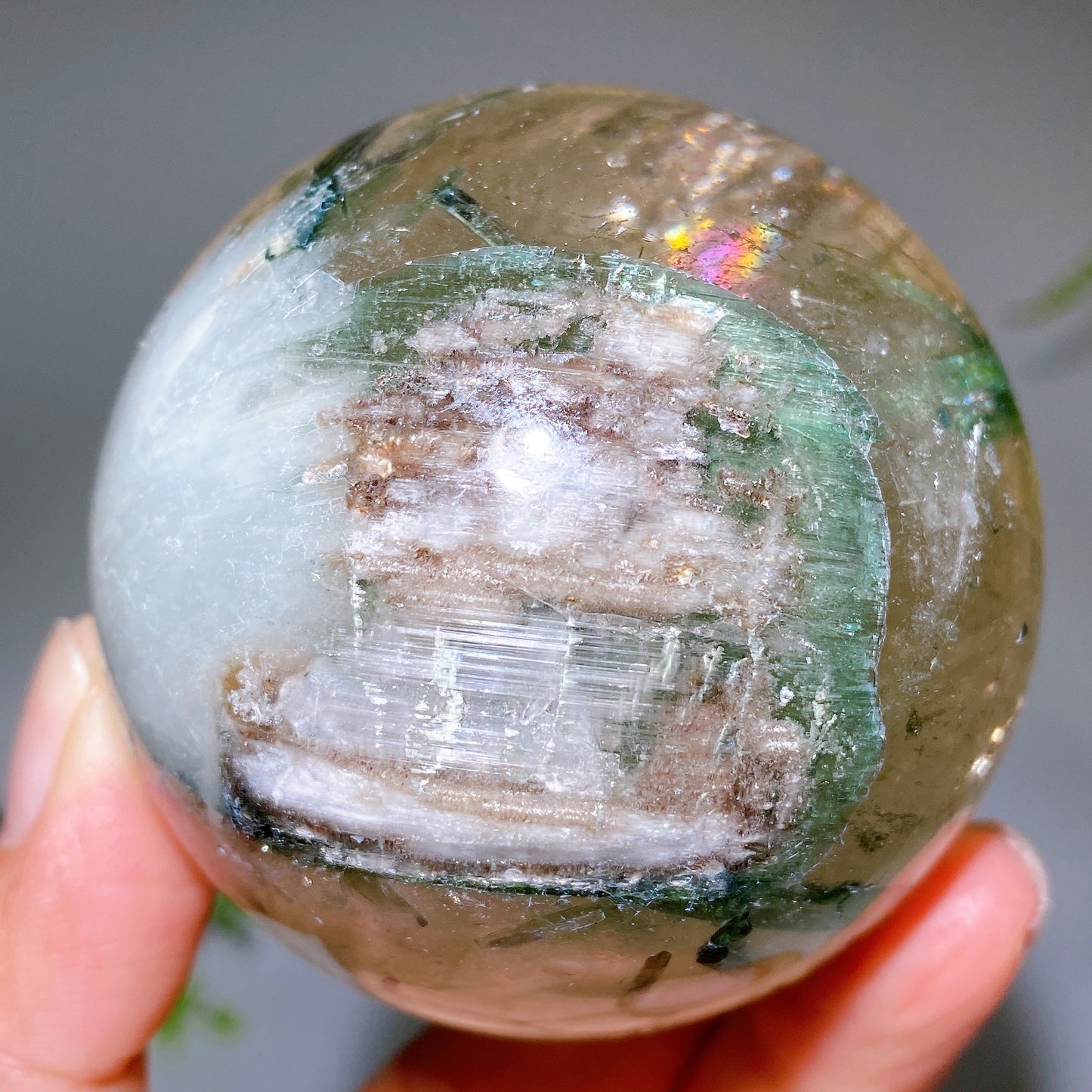 Unique 65mm Strong Rainbow Green Tourmaline In Quartz Sphere