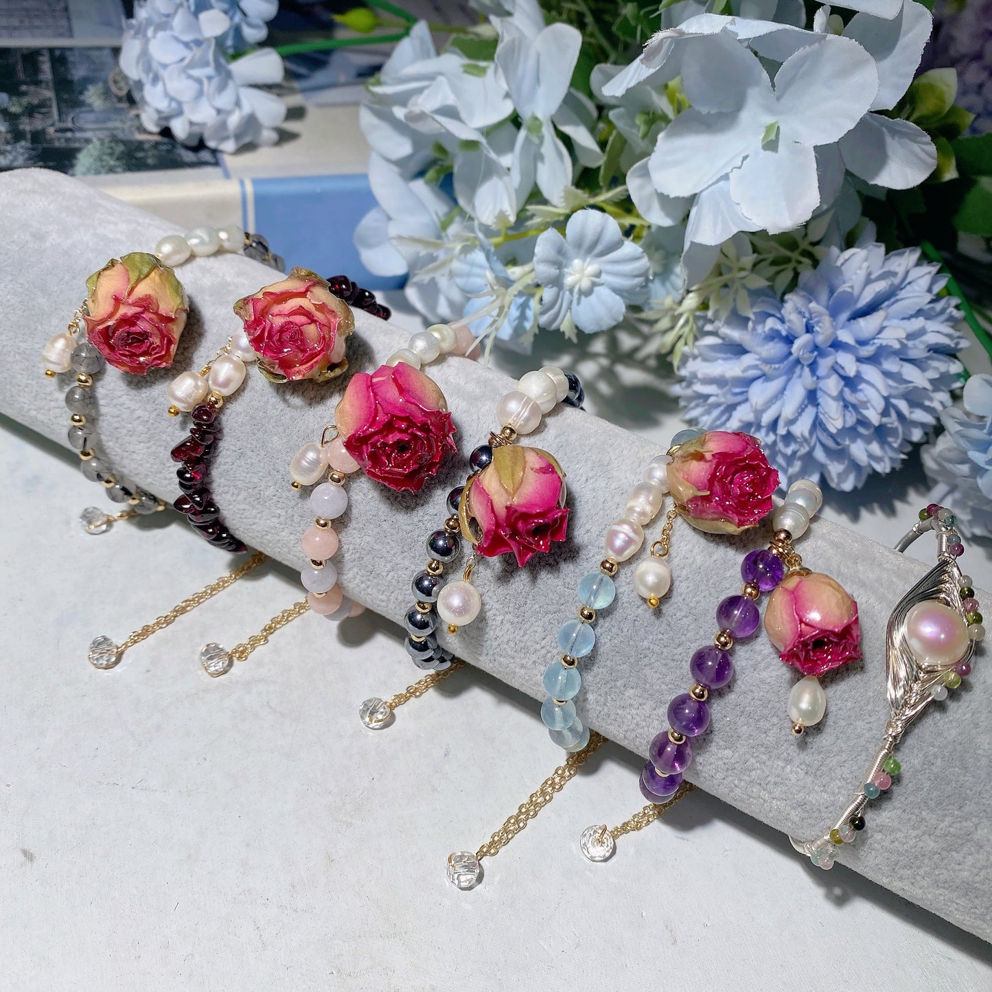 Mixed Crystal Pearl Rose Flower Adjustable Bracelet Bulk Wholesale