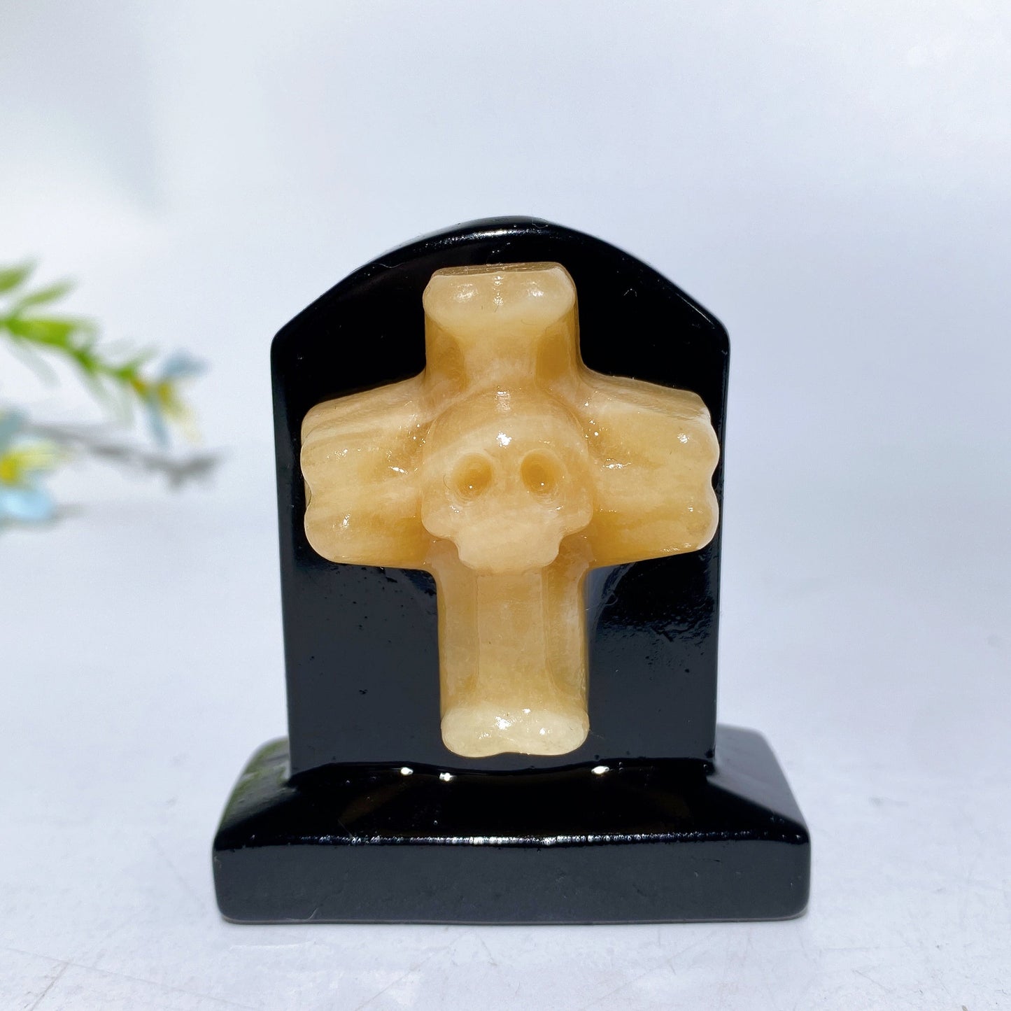2.3" Black Obsidian Tombstone with Cross Skull Decor Carving Crystal Healing Bulk Wholesale