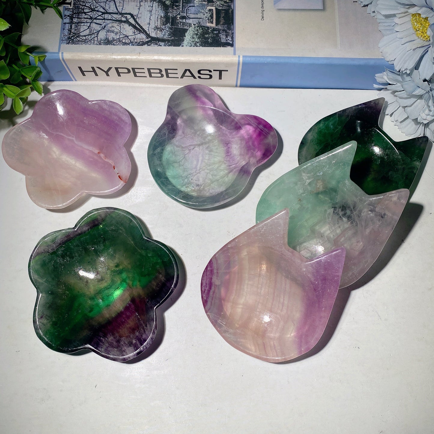 3.0"-3.5" Fluorite Cat Mickey Flower Shape Bowl Carvings Bulk Wholesale