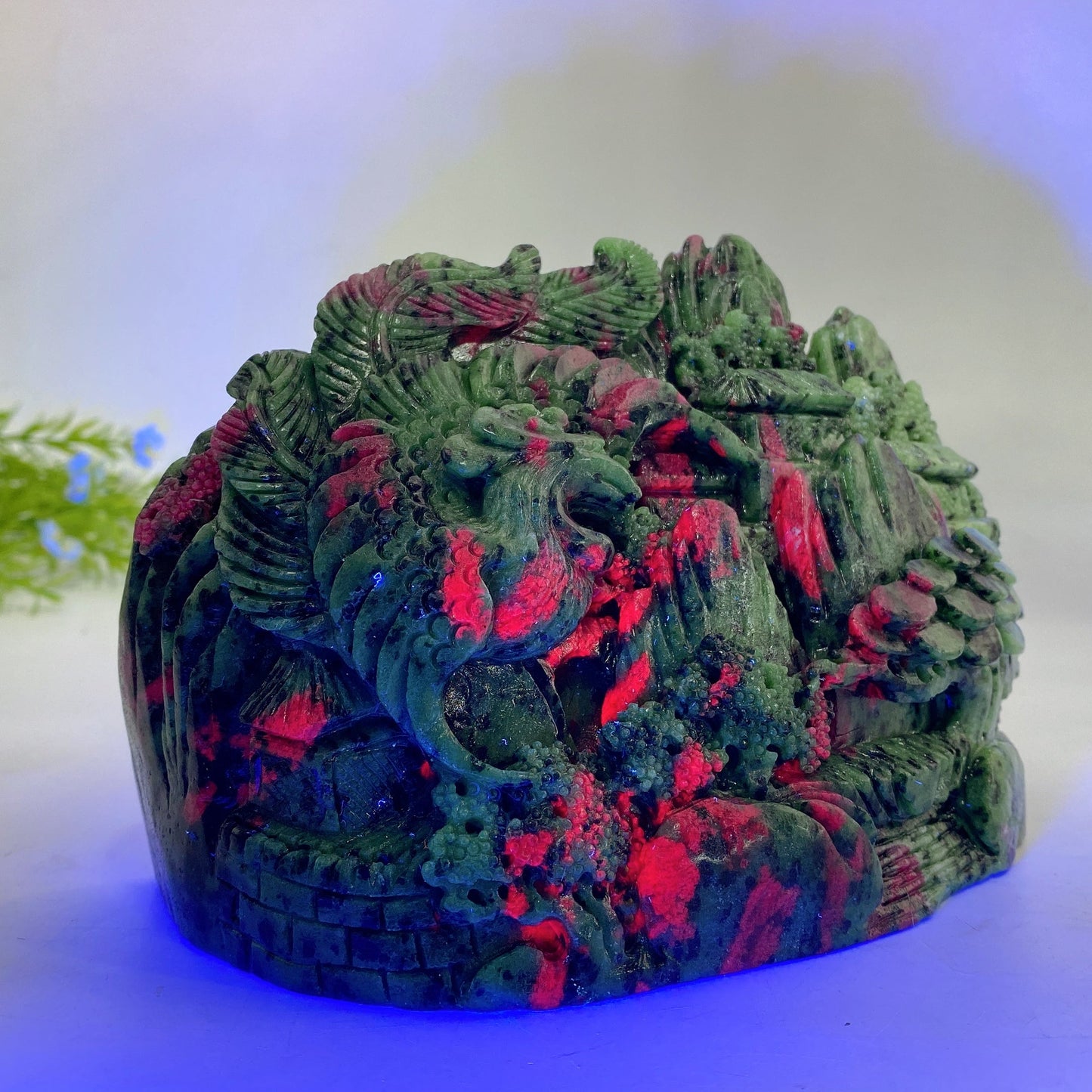 17cm Hand Carved Unique UV Reactive Ruby In Zoisite Phoenix Mountain Carving Free Form Crystal Healing Bulk Wholesale