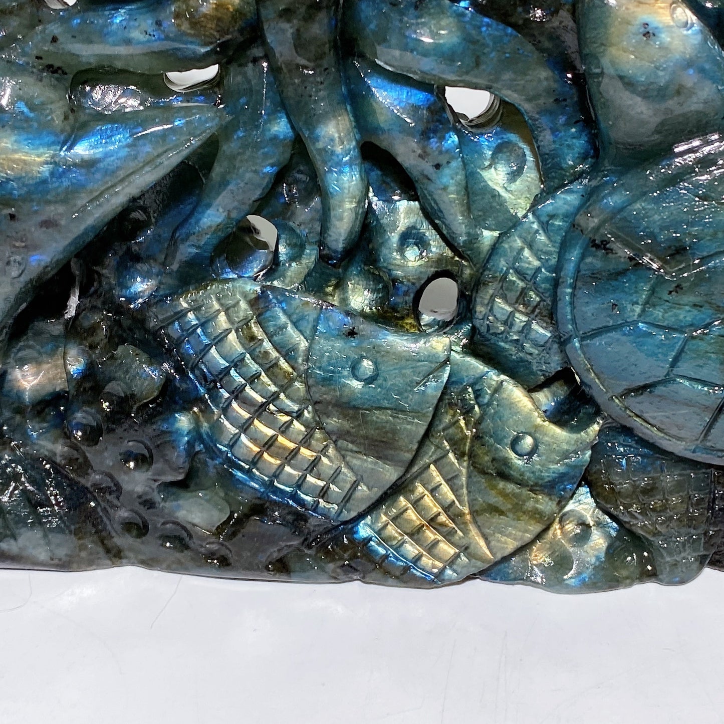 21cm Unique Hand Carved Labradorite Ocean World with Dolphin Octopus Fish Turtle Coral Carvings Free Form Crystal Healing Bulk Wholesale
