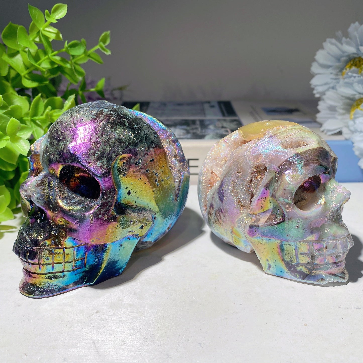 3.2"-4.0" Aura Druzy Zinc Skull Carvings Bulk Wholesale