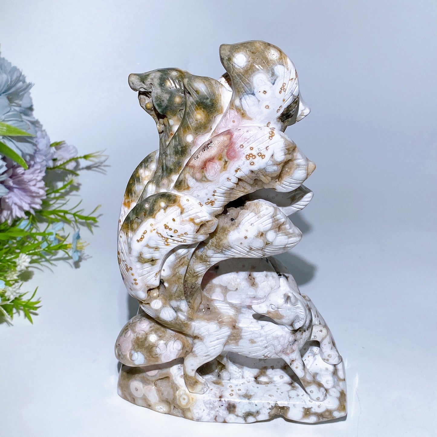 19cm Unique Ocean Jasper Nine-tails Fox Carving Crystal Healing Bulk Wholesale