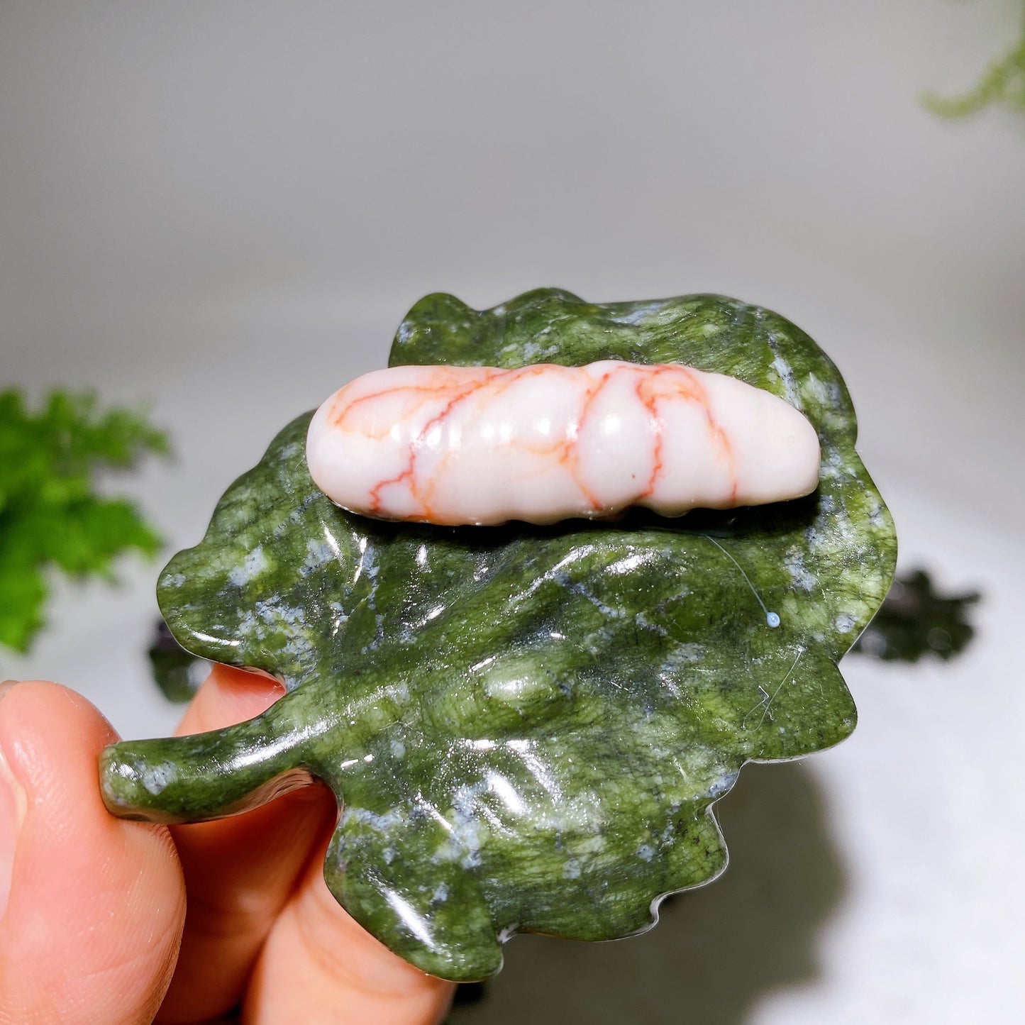 2.7" Crystal Silkworm on Serpentine Leaf Carving Crystal Healing Bulk Wholesale