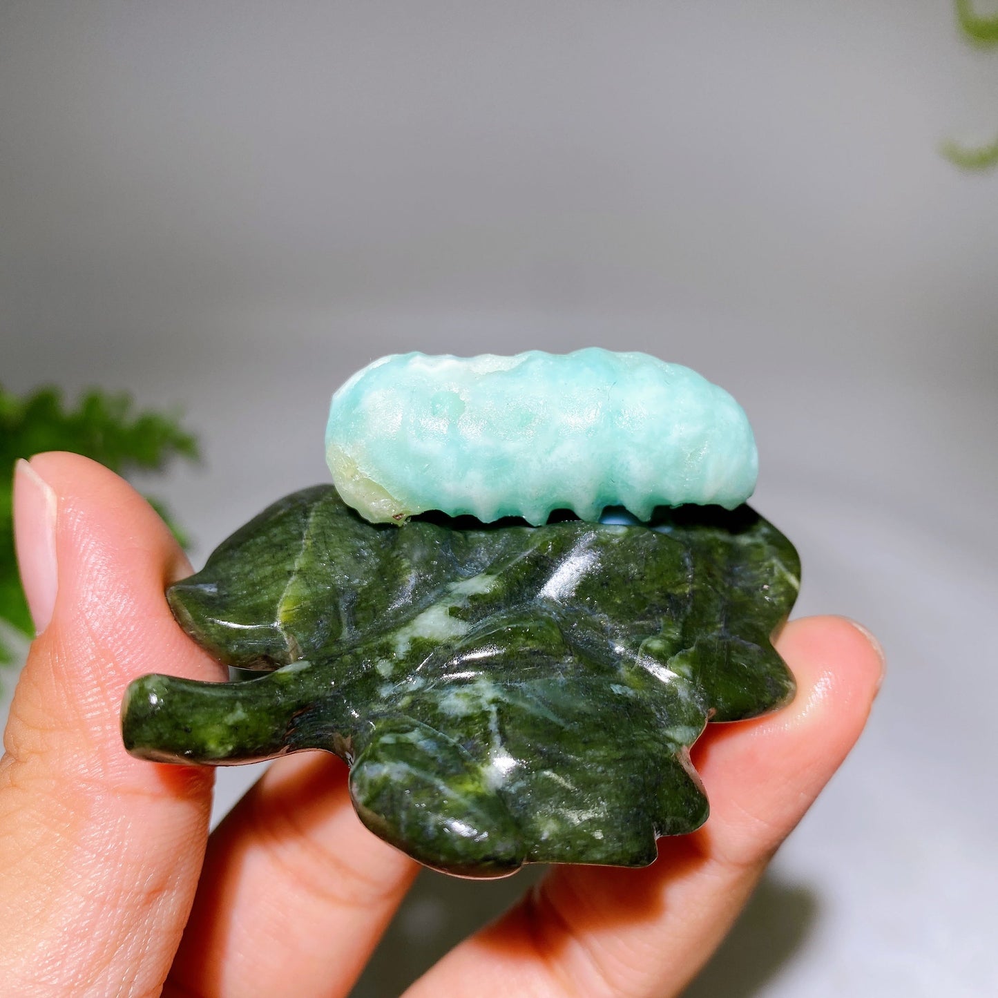 2.7" Crystal Silkworm on Serpentine Leaf Carving Crystal Healing Bulk Wholesale