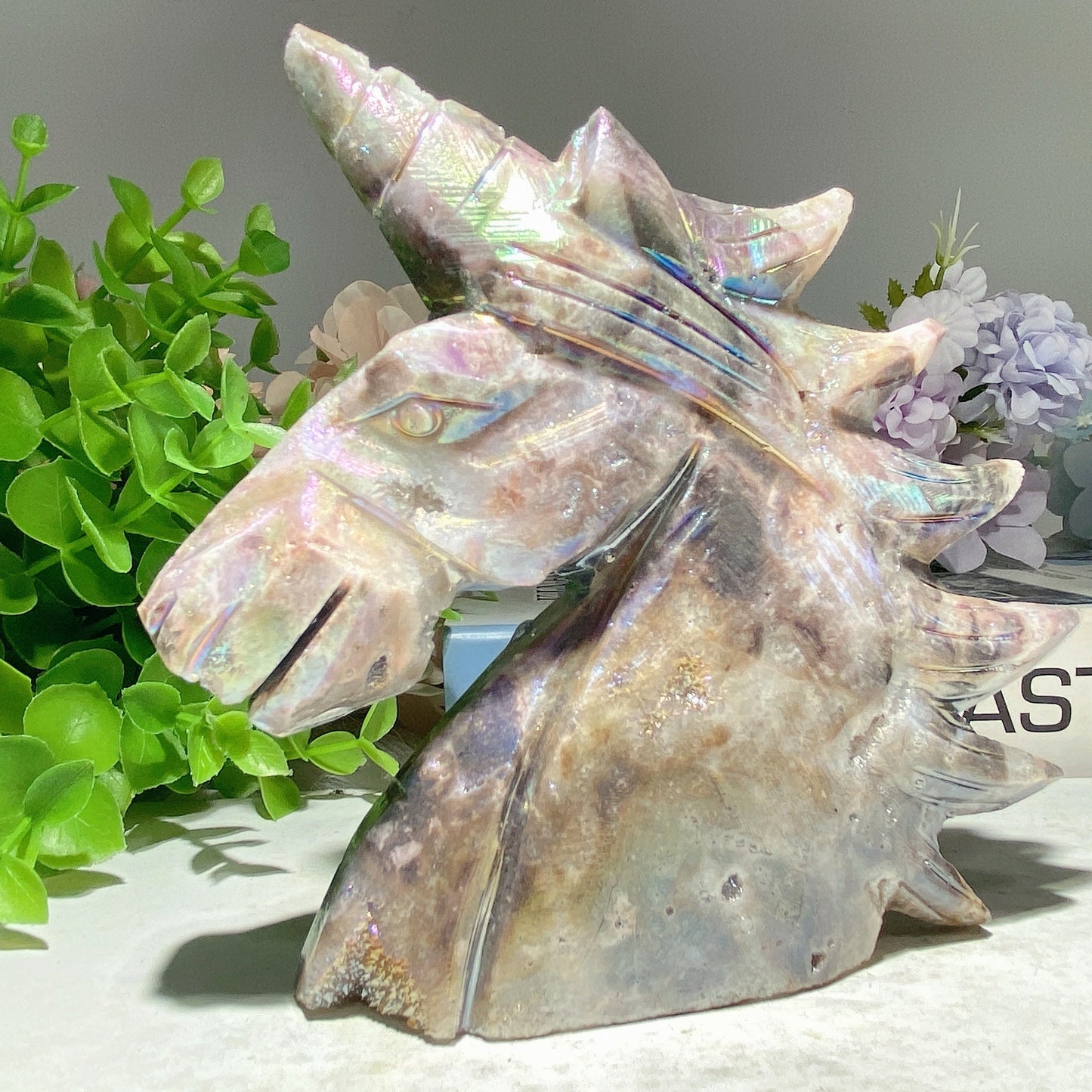 5.0" Aura Druzy Zinc Unicorn Carvings Bulk Wholesale