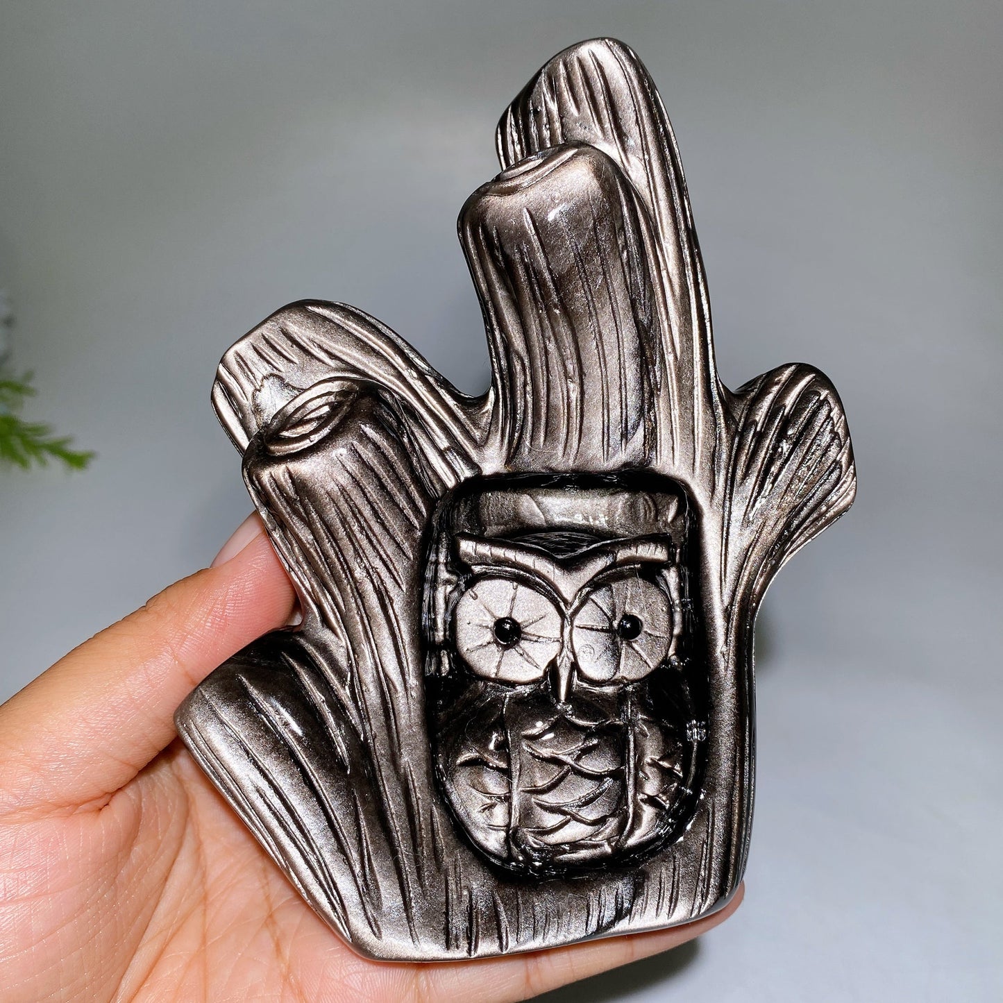 14-16cm Hand Carved Caribbean Calcite Silver Obsidian Owl Tree Hole Carving Free Form Crystal Healing Bulk Wholesale