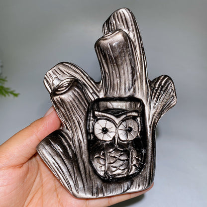 14-16cm Hand Carved Caribbean Calcite Silver Obsidian Owl Tree Hole Carving Free Form Crystal Healing Bulk Wholesale