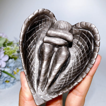 Silver Obsidian Heart Angel Carving with Stand Crystal Healing Bulk Wholesale
