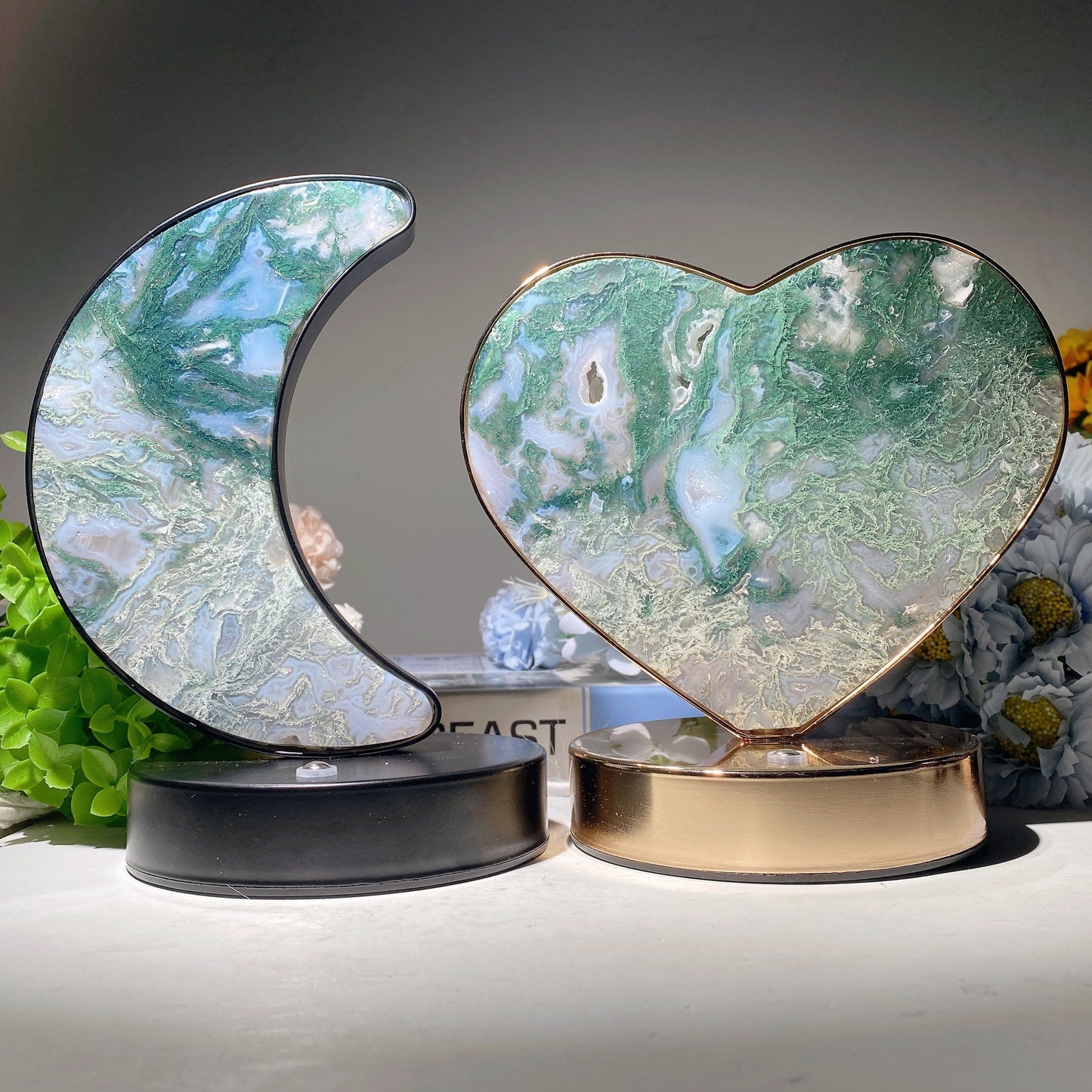 Moss Agate Fluorite Heart Moon Shape Lamp with USB Free Form Bulk Wholesale