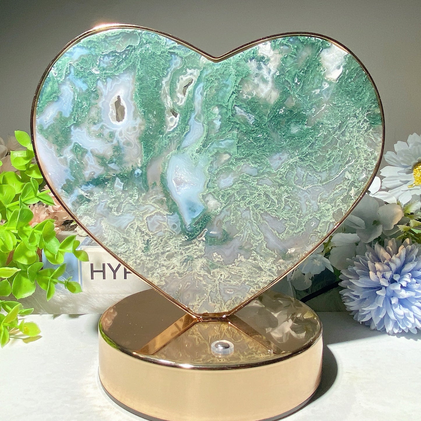 Moss Agate Fluorite Heart Moon Shape Lamp with USB Free Form Bulk Wholesale