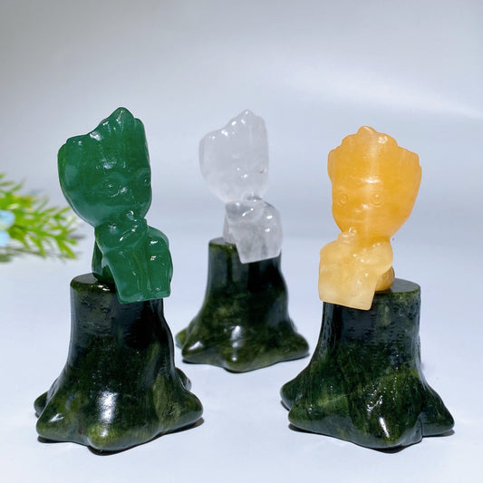 3.0" Crystal Groot on Serpentine Stump Carving Crystal Healing Bulk Wholesale