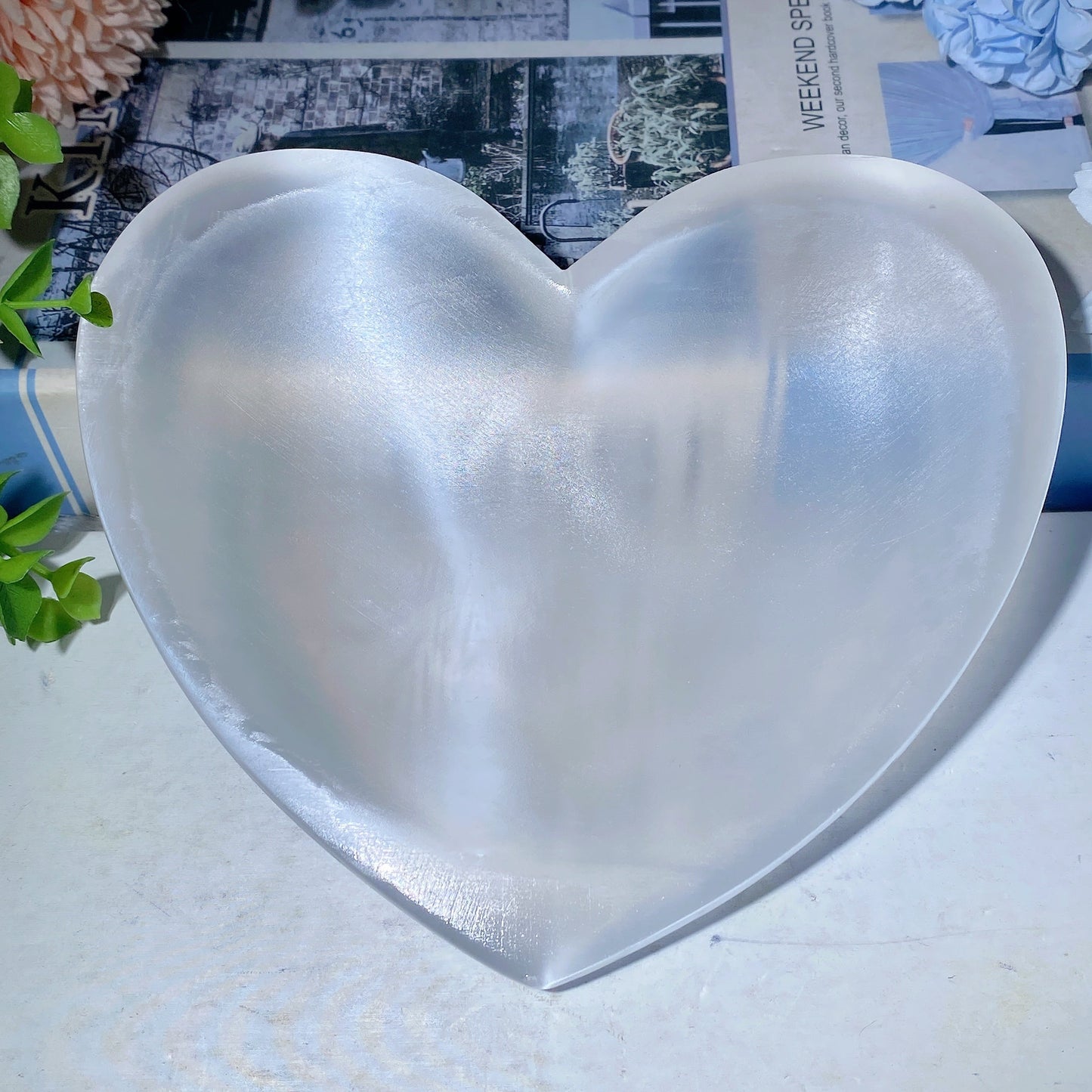 6.2" Selenite Heart Bowl Triple Bowl Carvings Bulk Wholesale