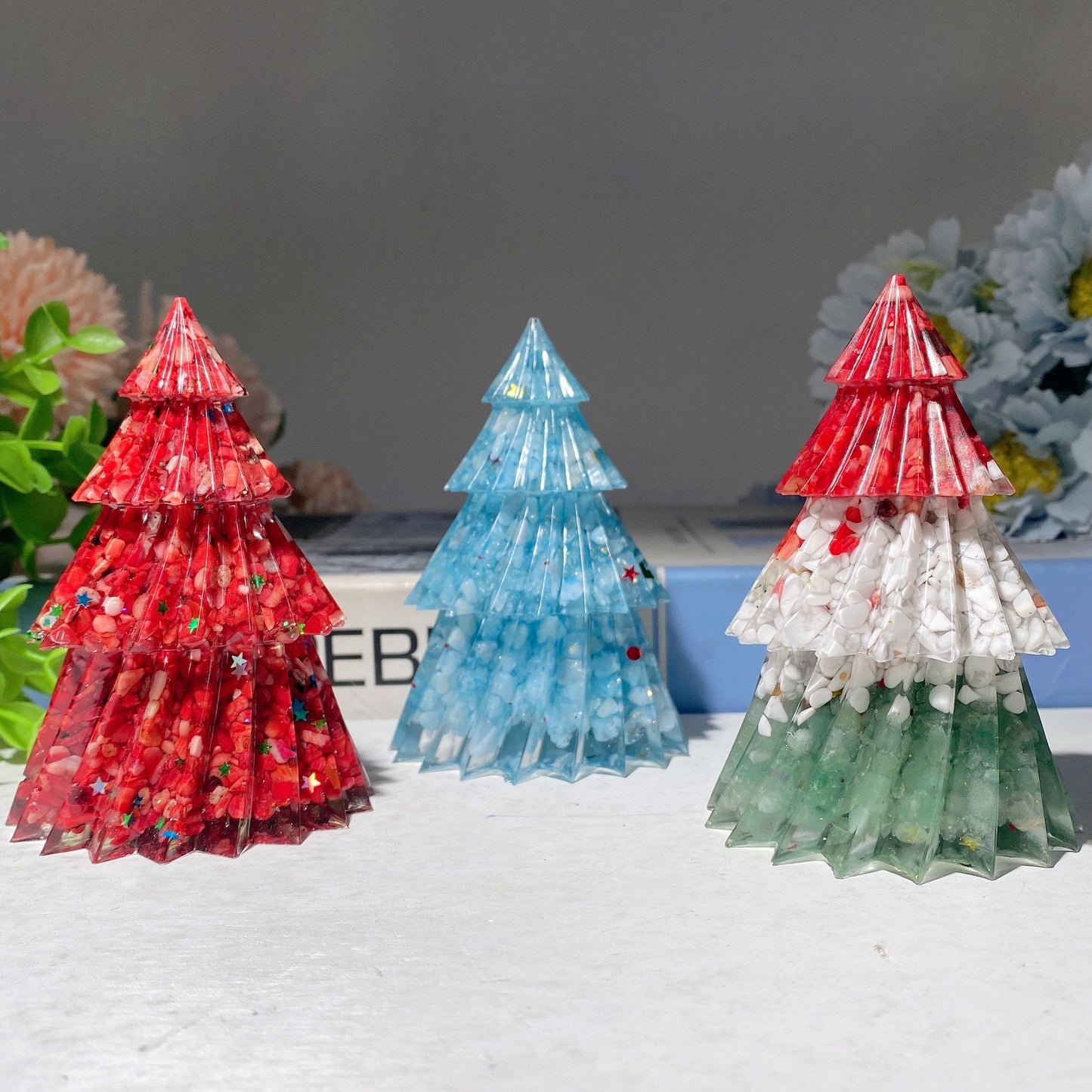 3.5" Mixed Crystal Chips Resin Christmas Tree Carvings Bulk Wholesale