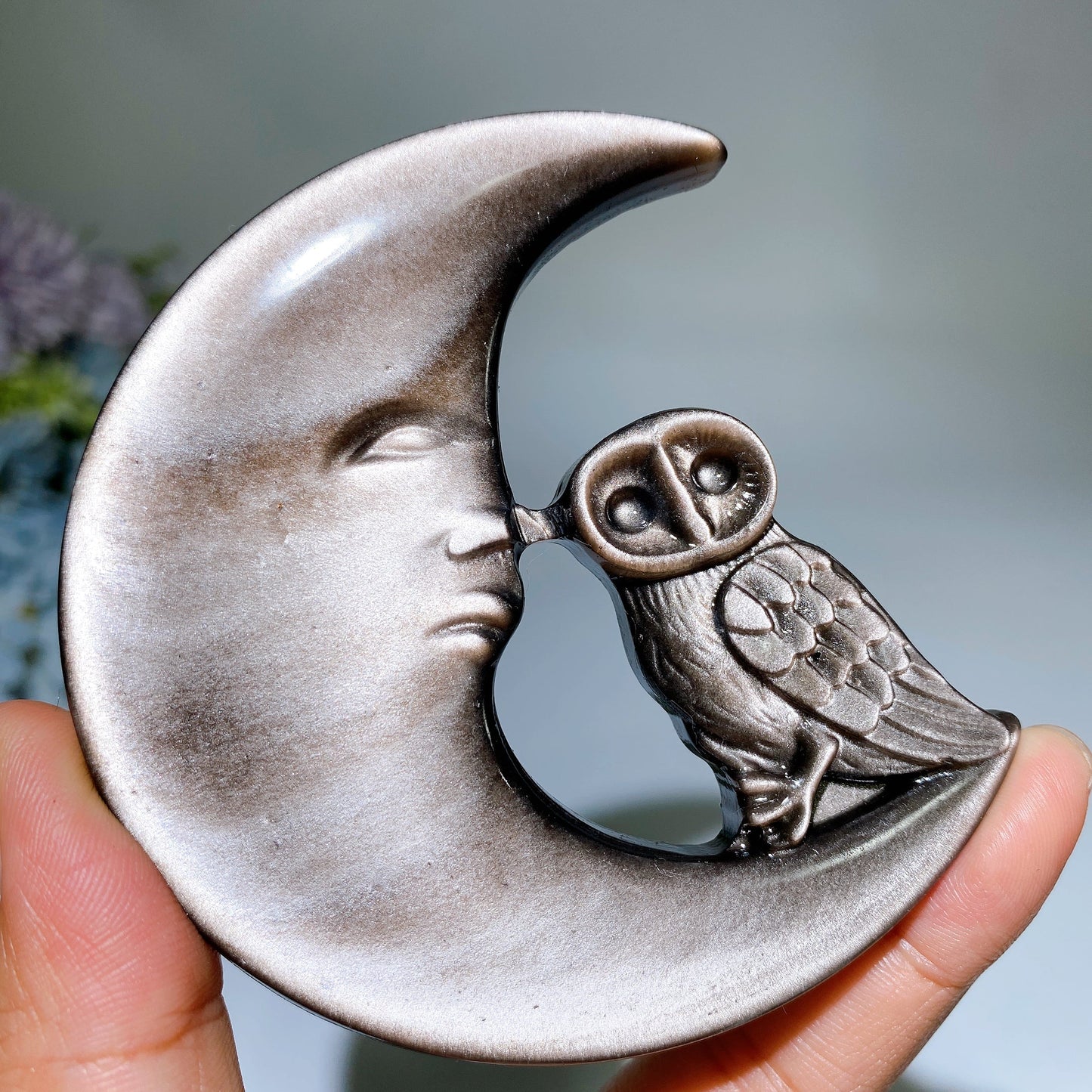 3.4" Silver Obsidian Owl Wolf on Moon Carving Crystal Healing Bulk Wholesale