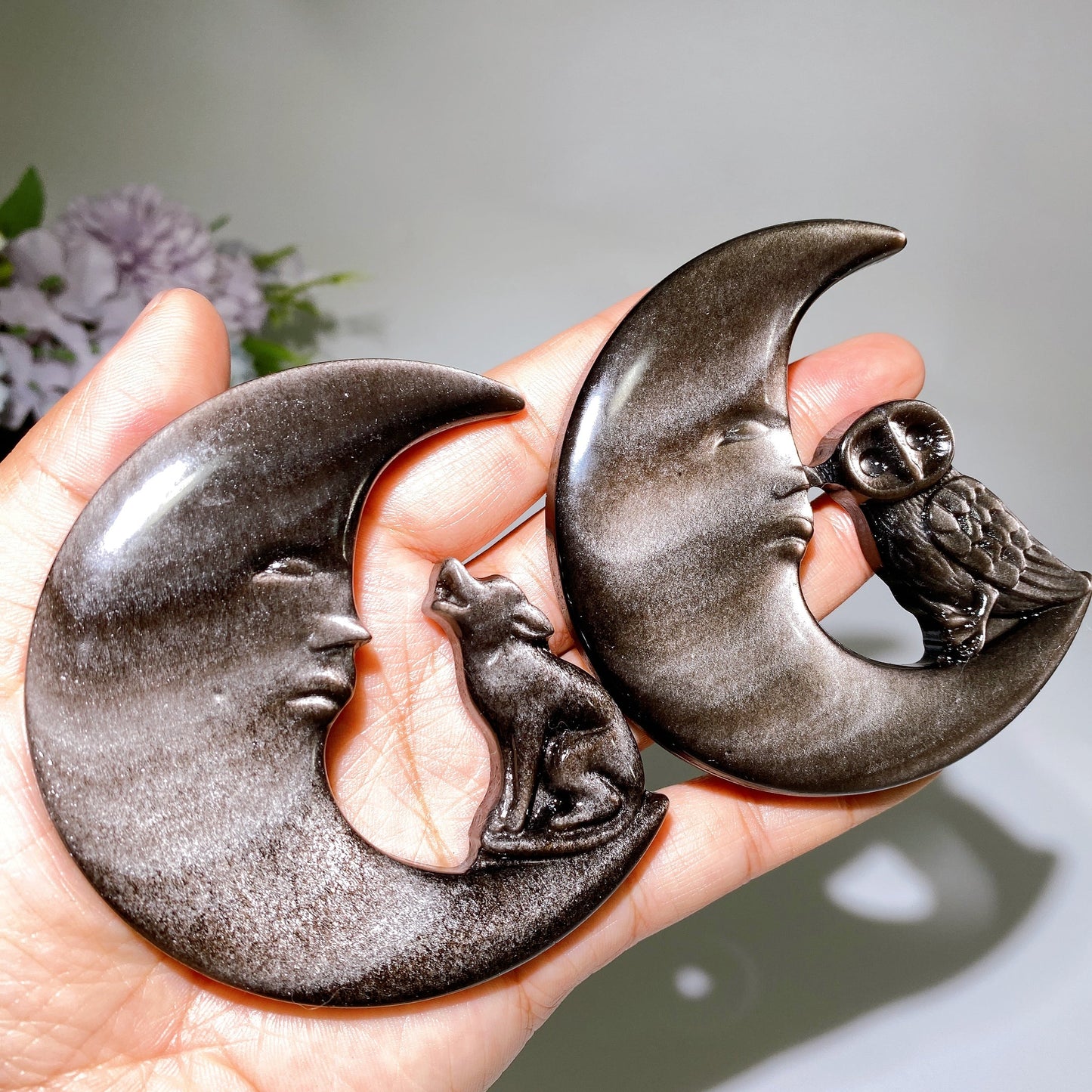 3.4" Silver Obsidian Owl Wolf on Moon Carving Crystal Healing Bulk Wholesale