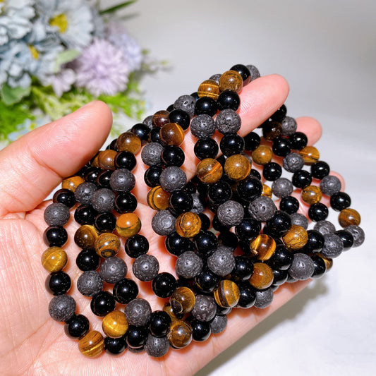 8mm Lava Stone Yellow Tiger's Eye Black Obsidian Mixed Crystal Bracelet Crystal Healing Bulk Wholesale