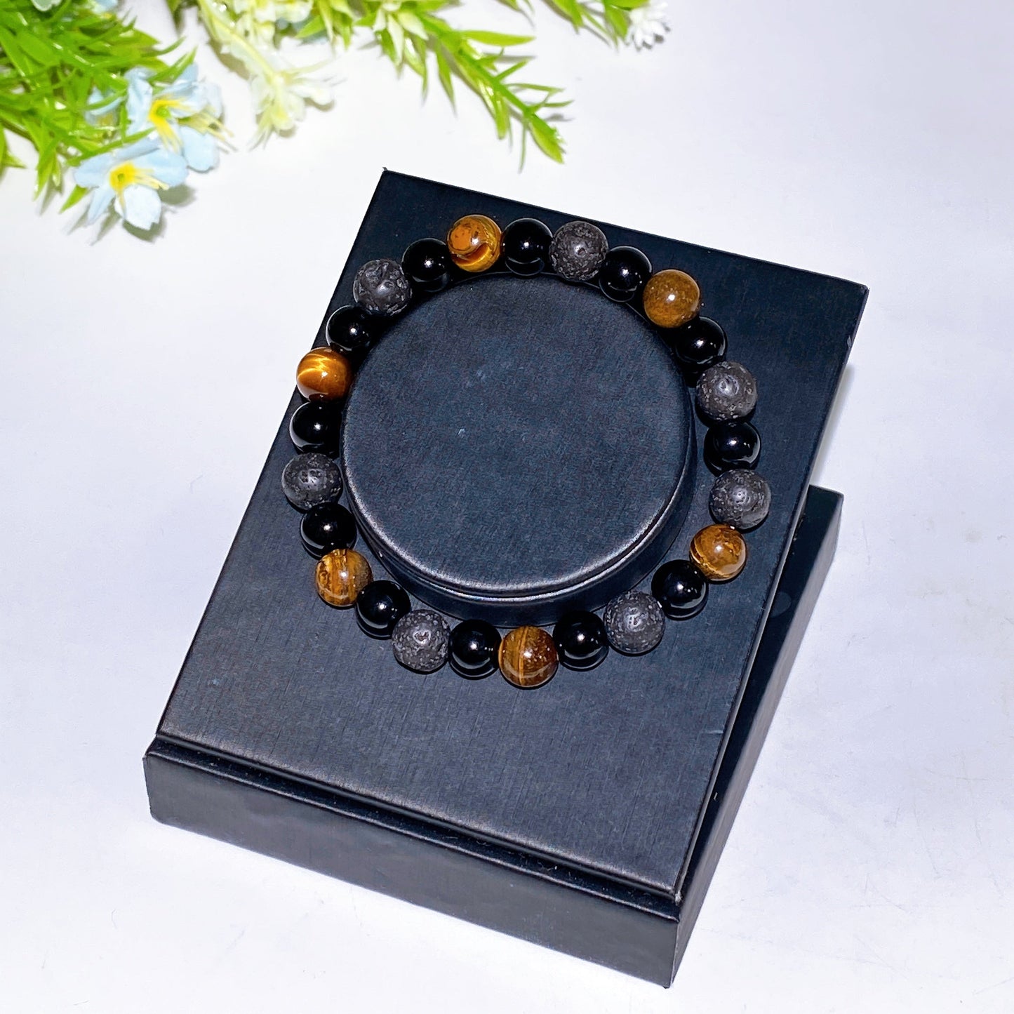 8mm Lava Stone Yellow Tiger's Eye Black Obsidian Mixed Crystal Bracelet Crystal Healing Bulk Wholesale