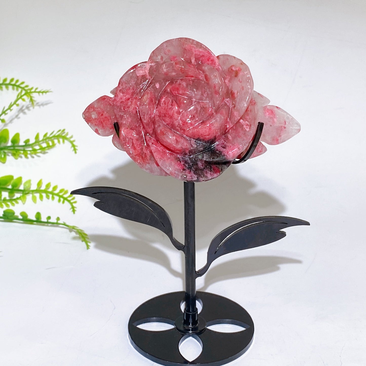 Natural Sakura Rhodonite Peony Flower Carving with Stand Crystal Healing Bulk Wholesale