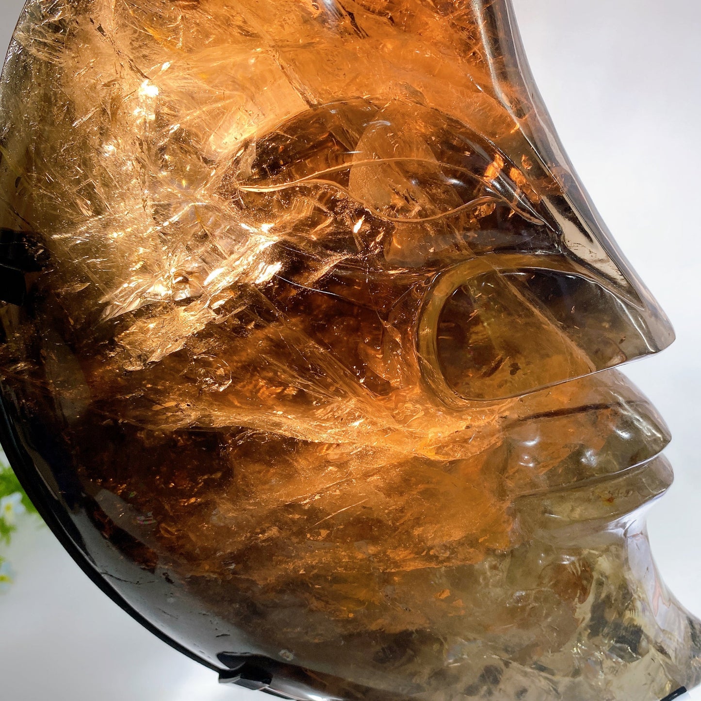 Large Unique Hand Carved Natural Smoky Quartz Moon Face with Strong Rainbow with Stand Crystal Healing Bulk Wholesale