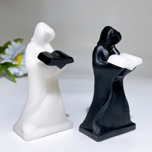 3.8" White Jade Black Obsidian The Death Carving Crystal Healing Bulk Wholesale