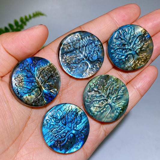 1.2" Natural Labradorite Life Tree Round Slab Crystal Healing Bulk Wholesale