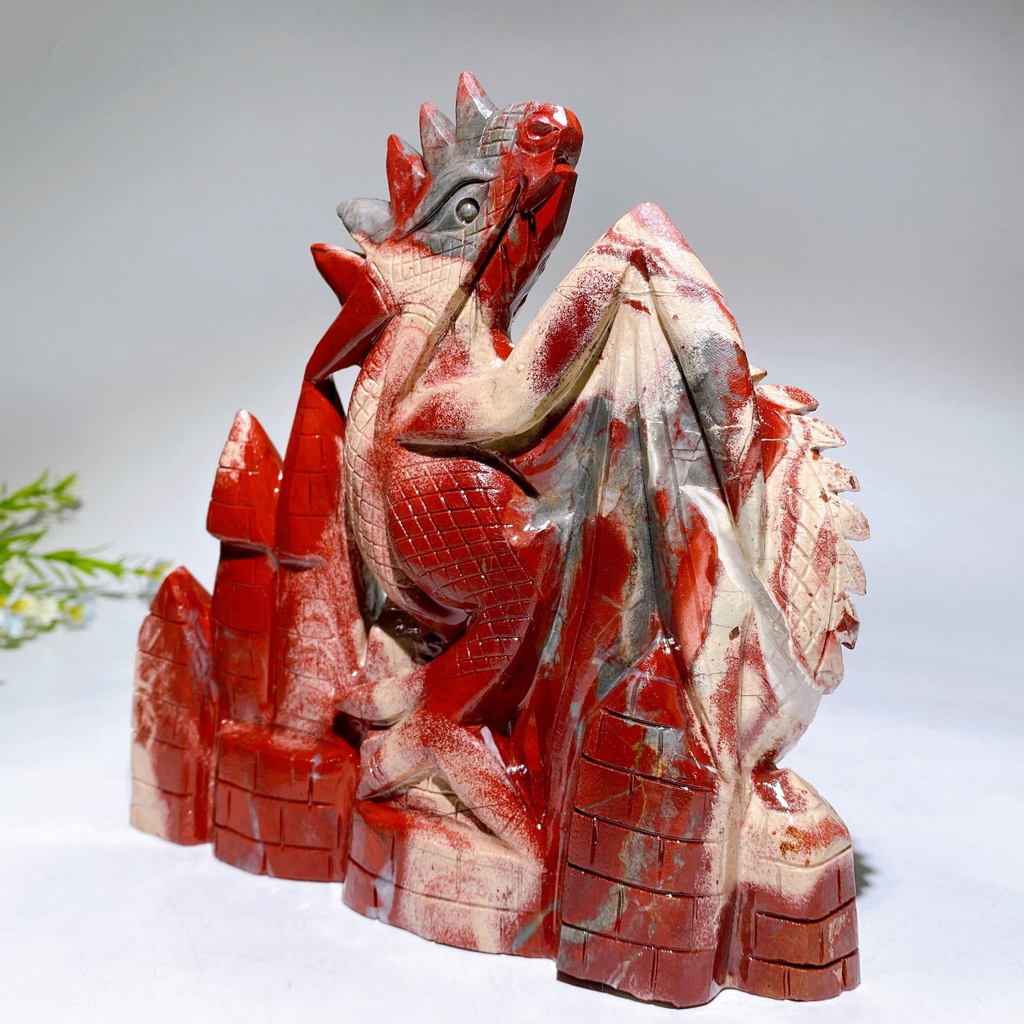 18cm Hand Carved Natrual Red Jasper Dragon on Castle Crystal Healing Bulk Wholesale