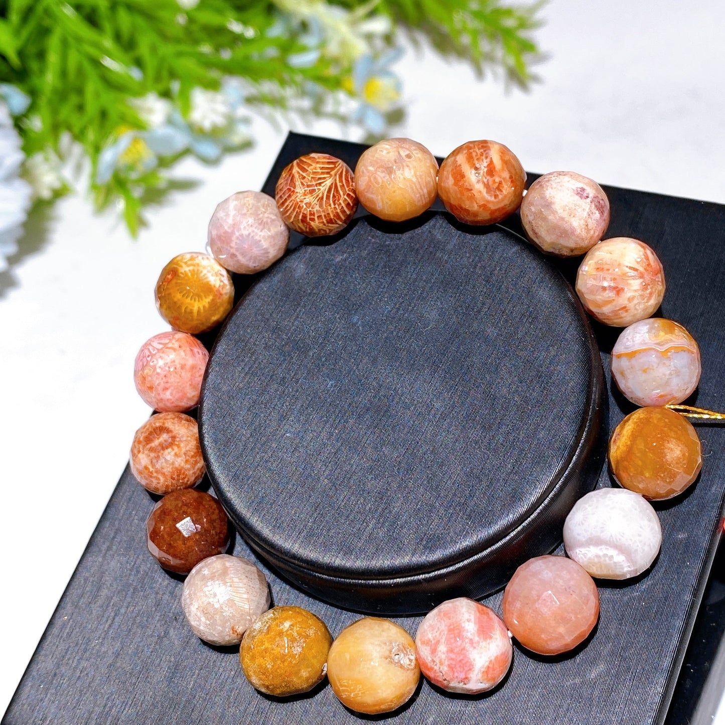 10-11.5mm Faceted Coral Agate Bracelet Crystal Healing Bulk Wholesale