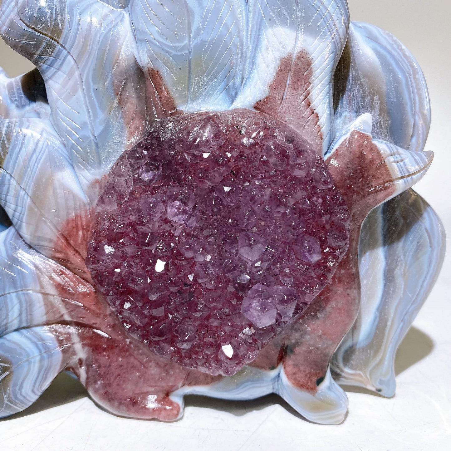 19cm Unique Striped Agate Growing with Amethyst Cluster Nine-tails Fox Carving Crystal Healing Bulk Wholesale