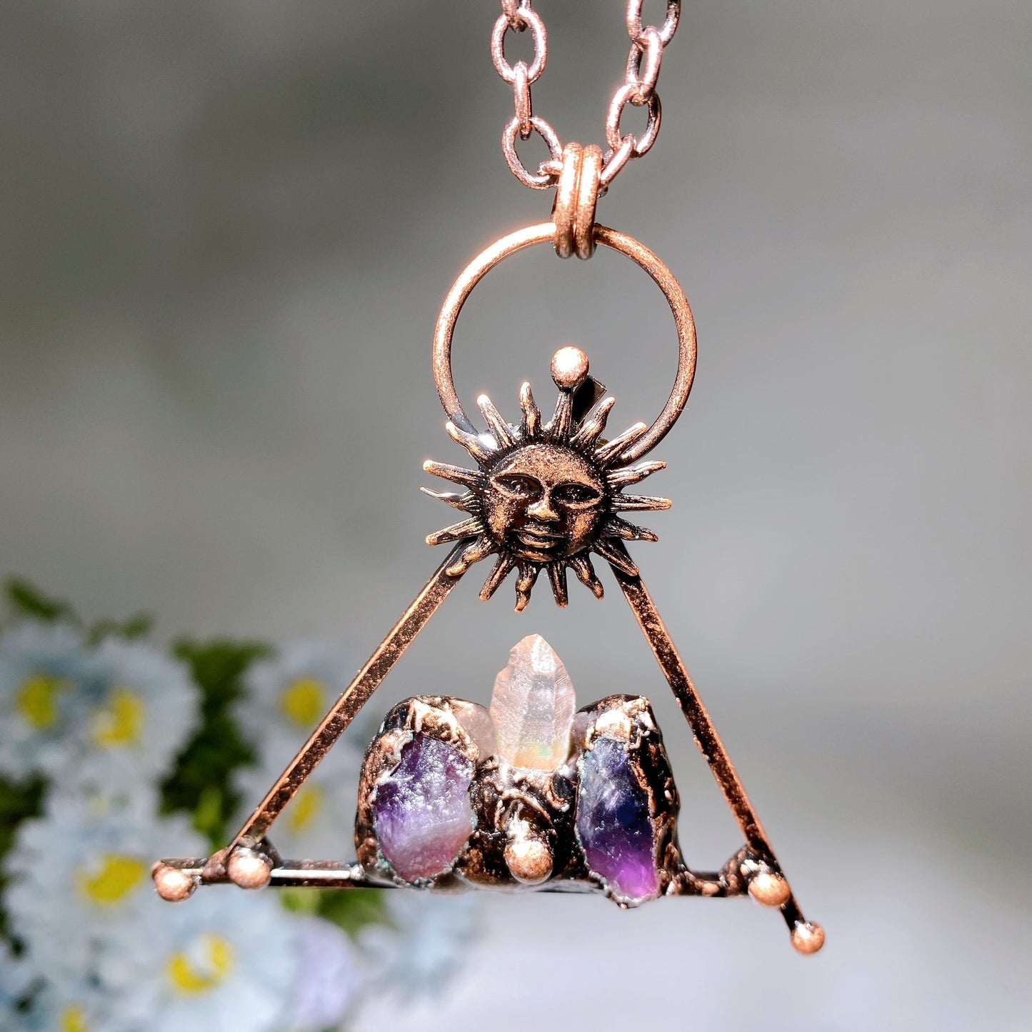 Amethyst Clear Quartz with Metal Sun Face Necklace Crystal Healing Bulk Wholesale