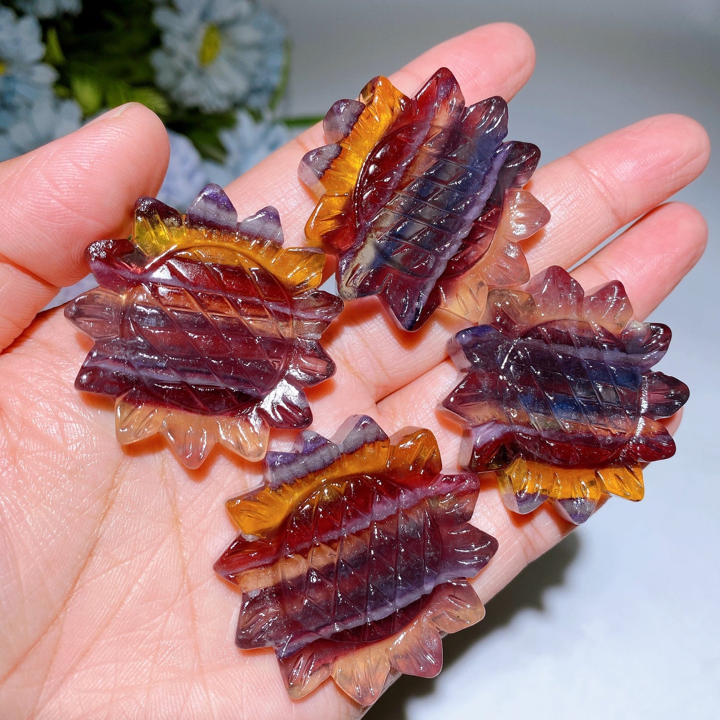 1.6" Rainbow Fluorite Sunflower Carving Crystal Healing Bulk Wholesale