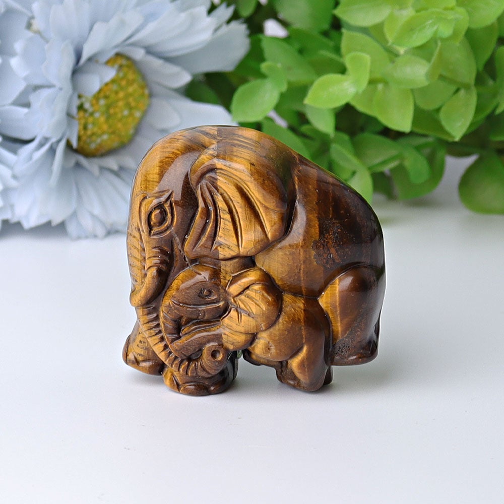 1.8" Yellow Tiger's Eye Elephant Baby & Mother Crystal Carvings Crystal wholesale suppliers