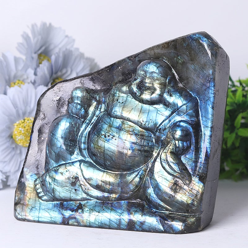 5.5" Unique Labradorite Stone with Buddha Carvings Free Form