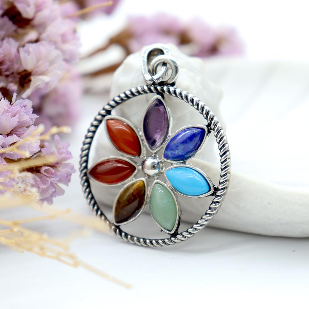 Stainless Steel Vintage Gothic Buddhist Tibetan Lotus 7 Chakra Gemstone Pendant Crystal wholesale suppliers