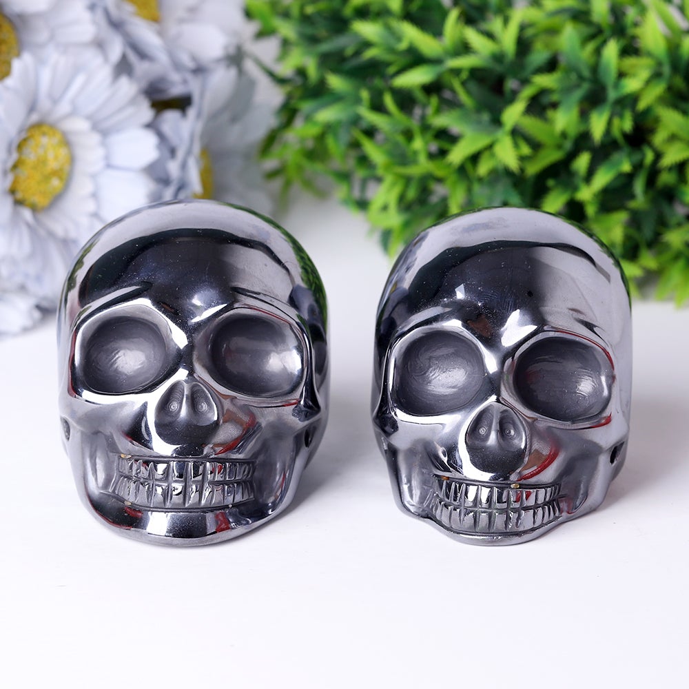 3.5" Unique Terahertz Skull Carvings for Halloween Hematite