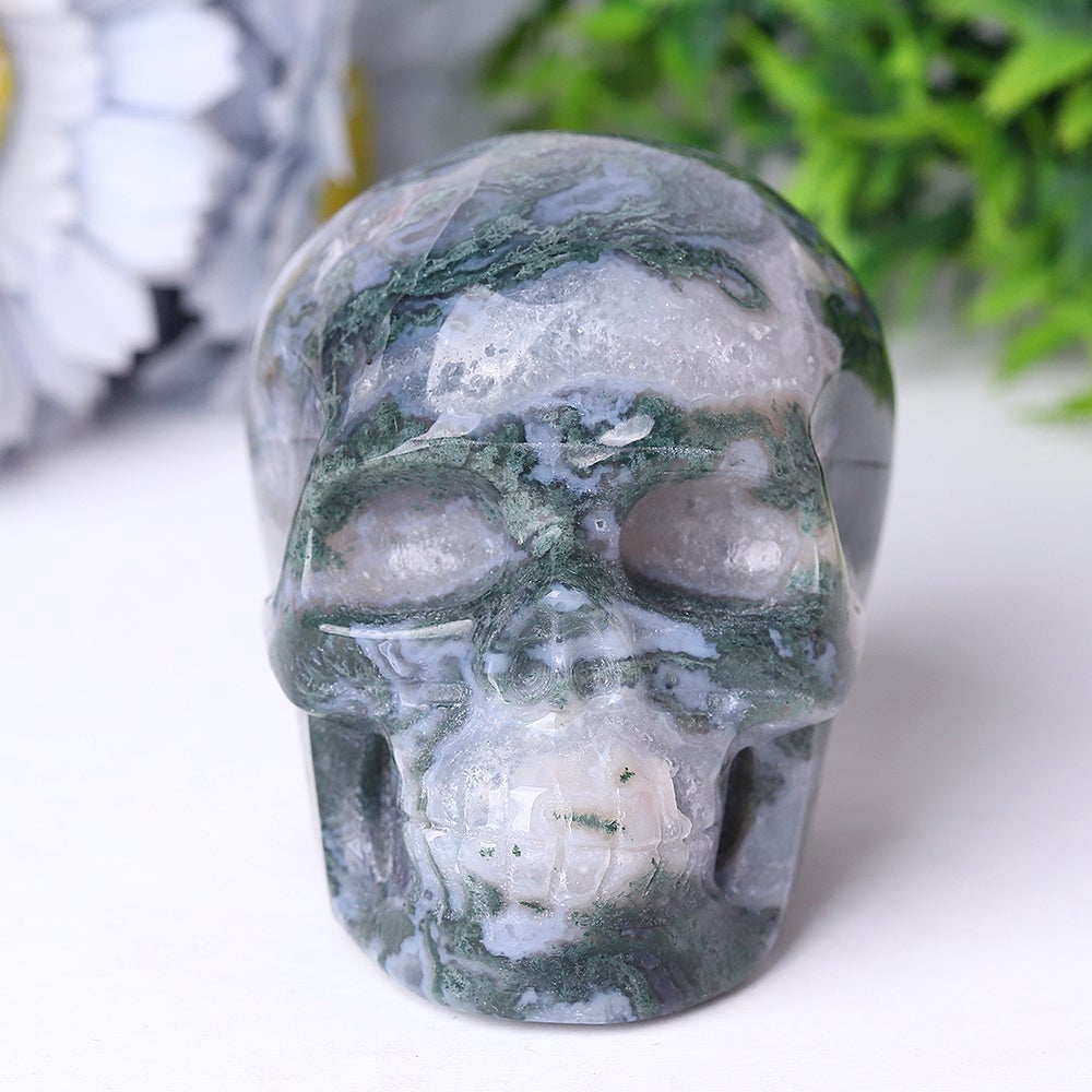 3.5" Unique Moss Agate Crystal Skull Carvings for Halloween