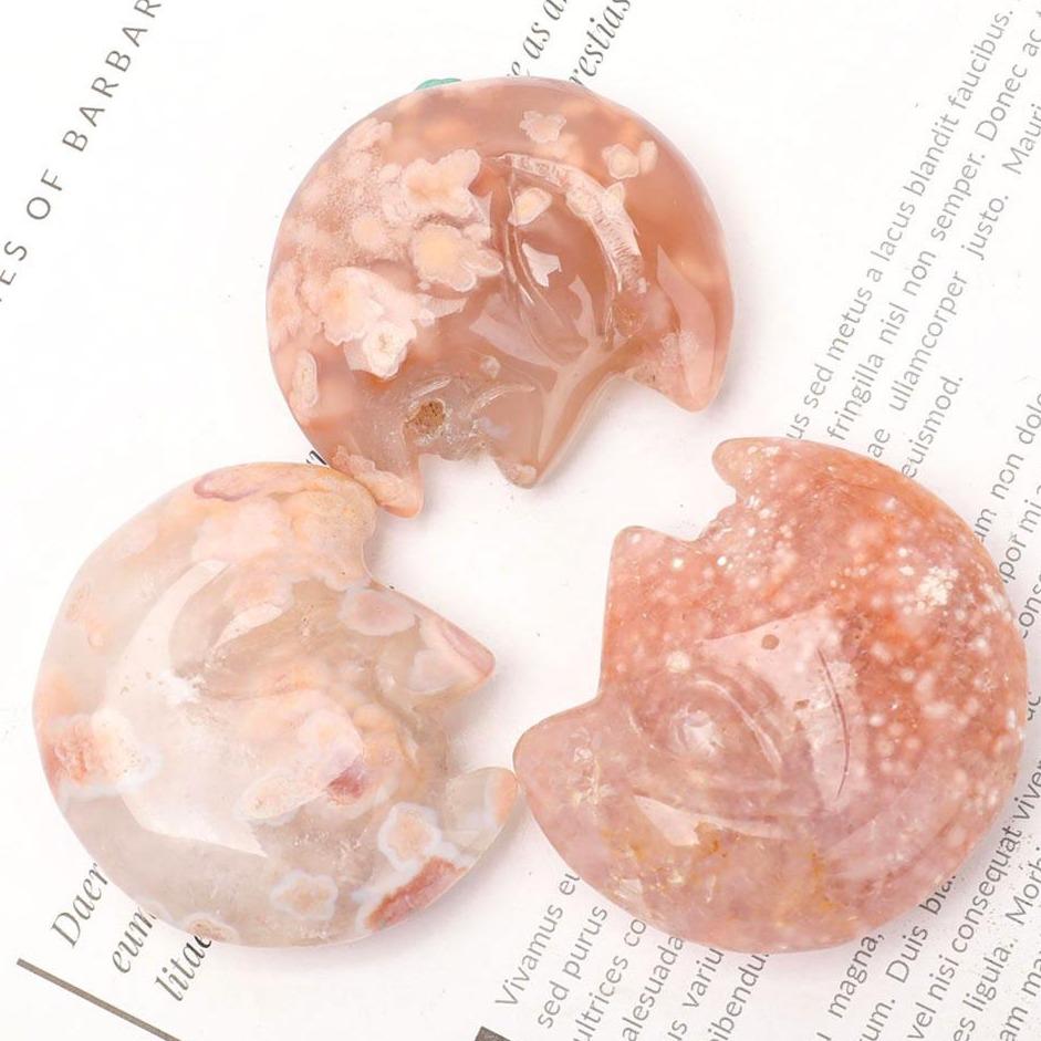 Set of 3 Flower Agate Moon Shape Carvings