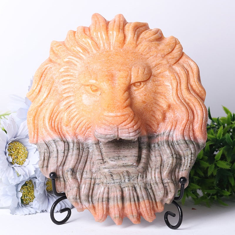 9" Unique Sun Stone Lion Head Crystal Carvings Free Form