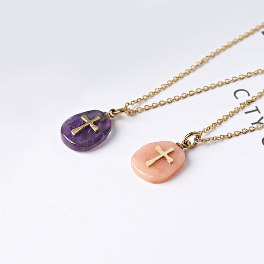 Amethyst Peach Aventurine with Golden Cross Decor Necklace Crystal wholesale suppliers