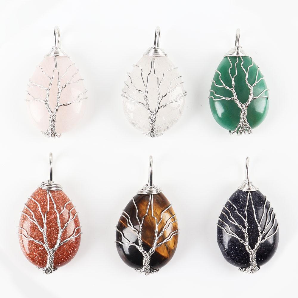 Teardrop Shape Crystal Stone Wire Wrapped Copper Tree of Life Chakra Pendant Crystal wholesale suppliers