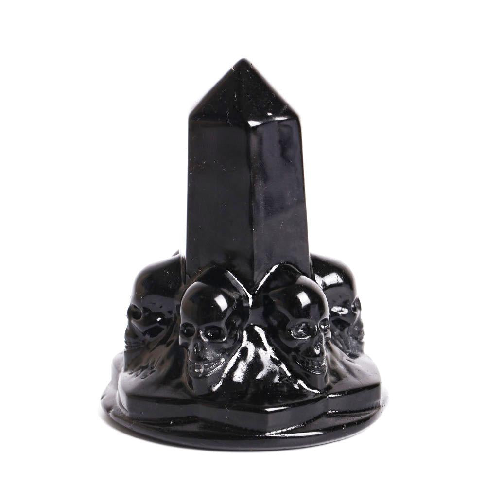 Black Obsidian Point With Carving Skull Decor