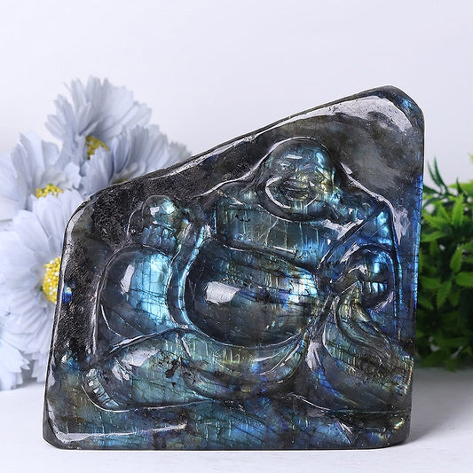 5.5" Unique Labradorite Stone with Buddha Carvings Free Form