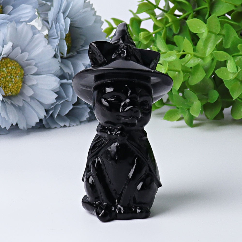 3.5" Black Obsidian Cat with Witch's Hat Crystal Carvings Crystal wholesale suppliers