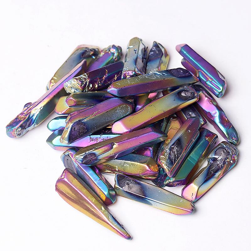 Drilled Titanium Aura Quartz Crystal Points Raw Rough Clear Rock Quartz Sticks