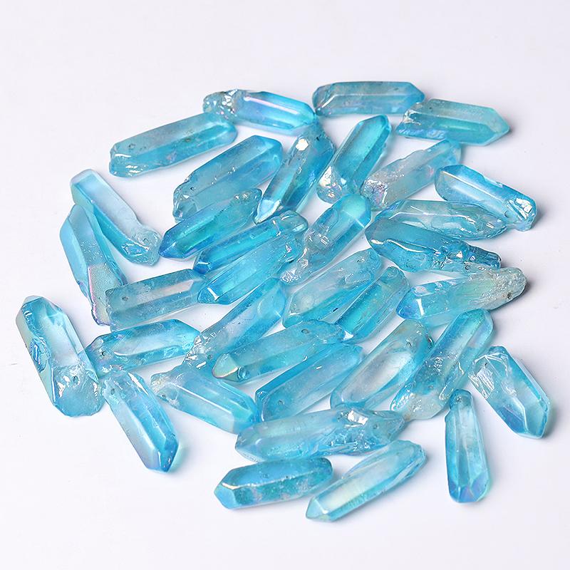 Drilled Blue Aura Quartz Crystal Points Raw Rough Clear Rock Quartz Sticks