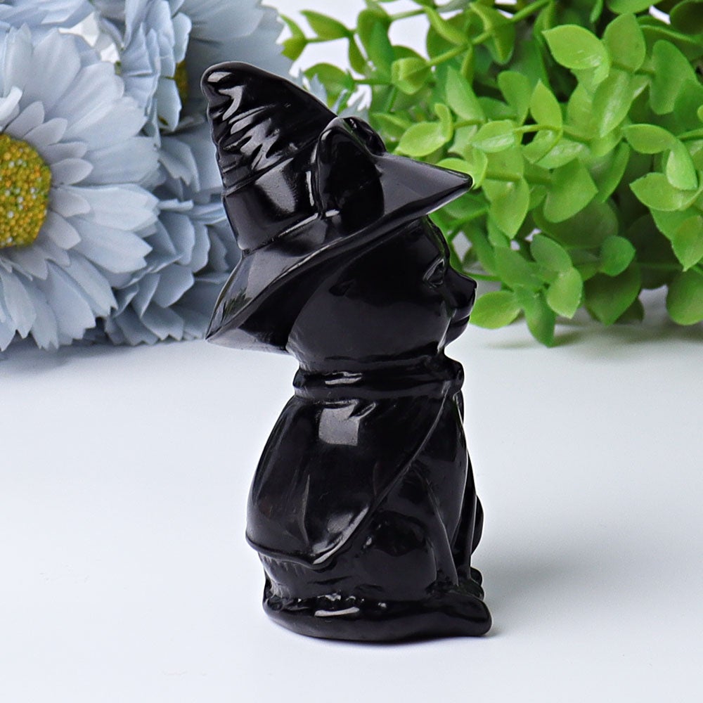 3.5" Black Obsidian Cat with Witch's Hat Crystal Carvings Crystal wholesale suppliers