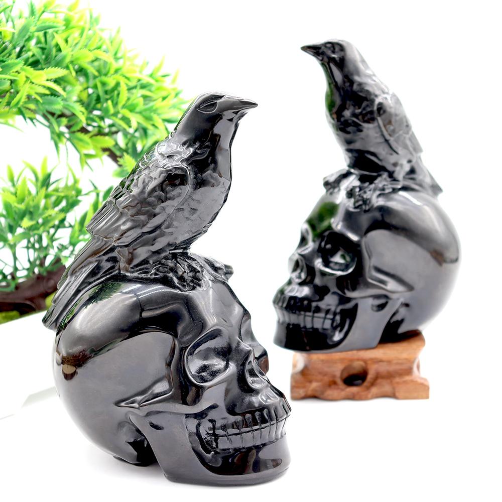 Black Obsidian Skull with Crow - Skull Carving, Obsidian Skull Crystal wholesale suppliers