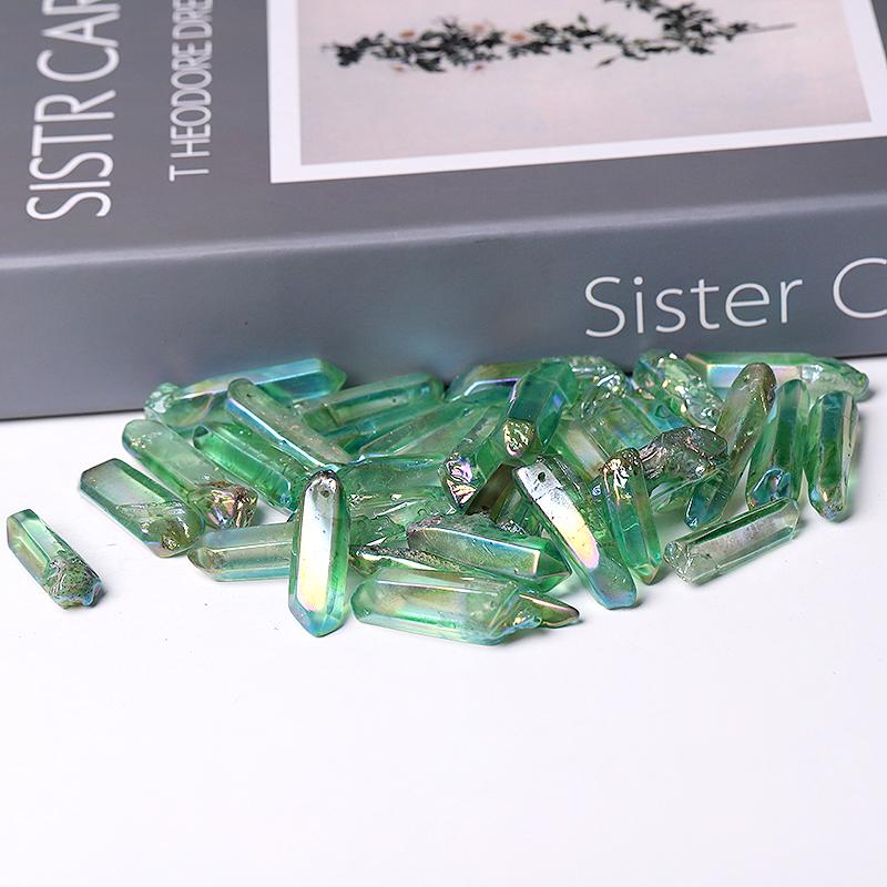 Drilled Green Aura Quartz Crystal Points Raw Rough Clear Rock Quartz Sticks